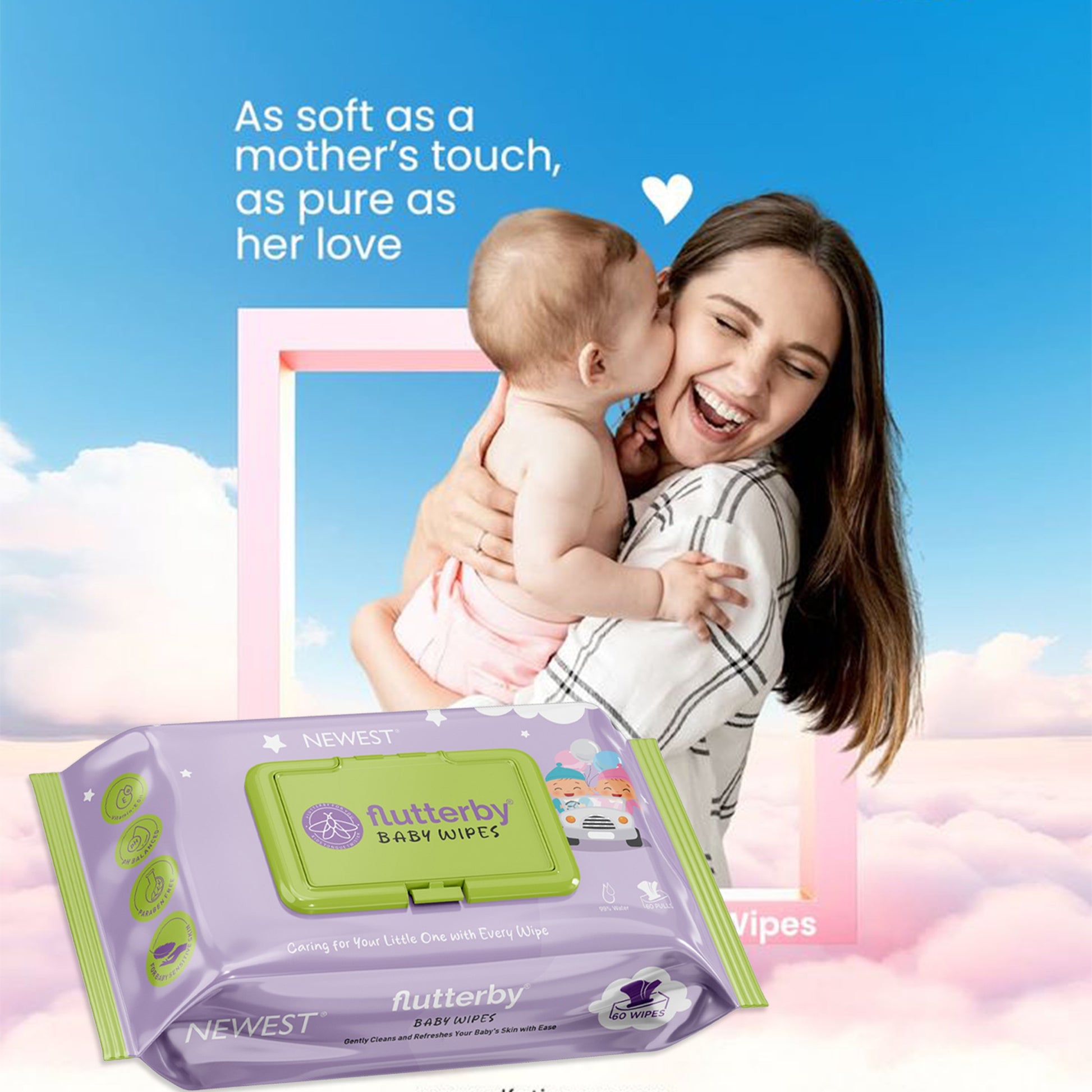 NEWEST FLUTTERBY BABY WIPES (60 PULLS)