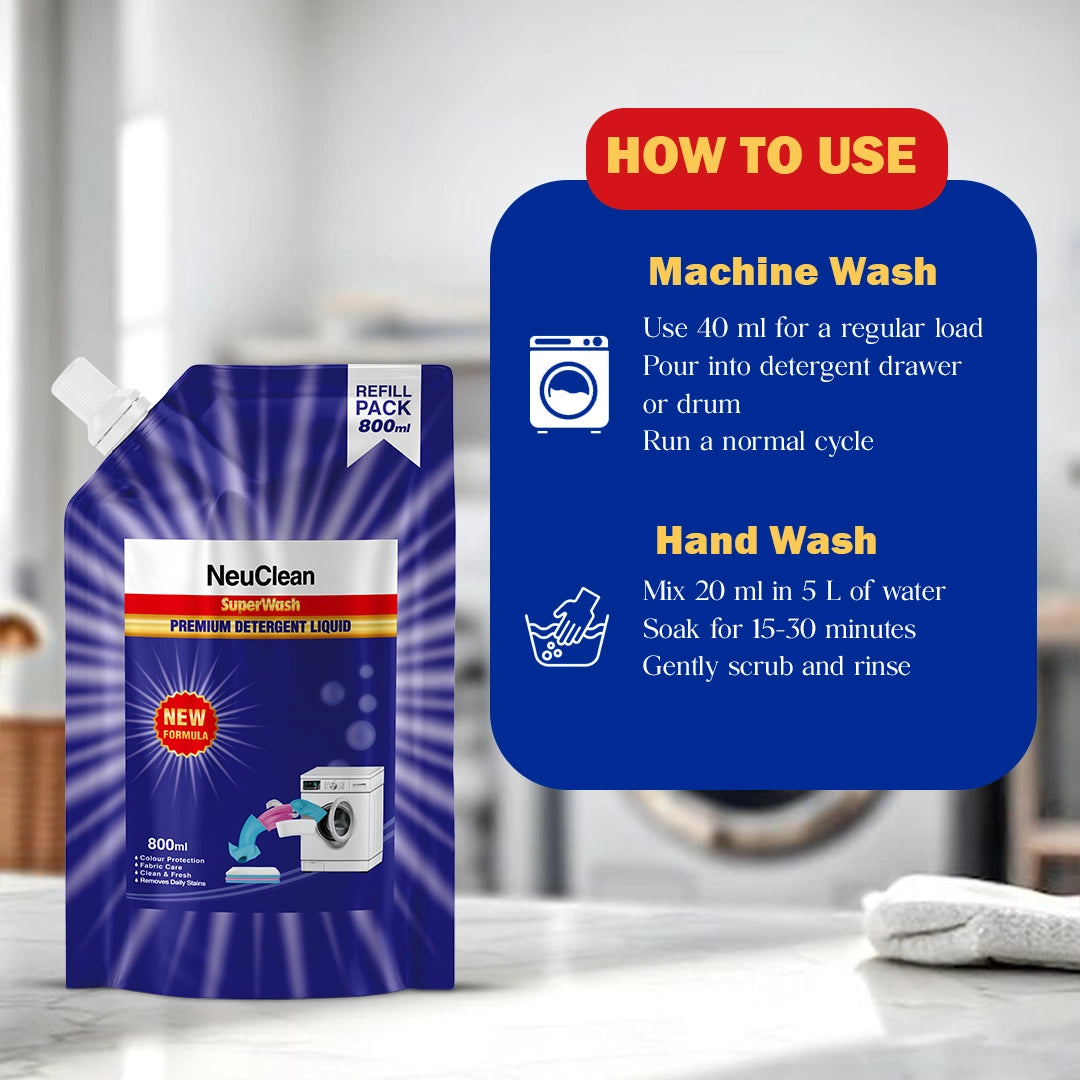 NEUCLEAN SUPERWASH PREMIUM DETERGENT LIQUID REFILL PACK (800ML)