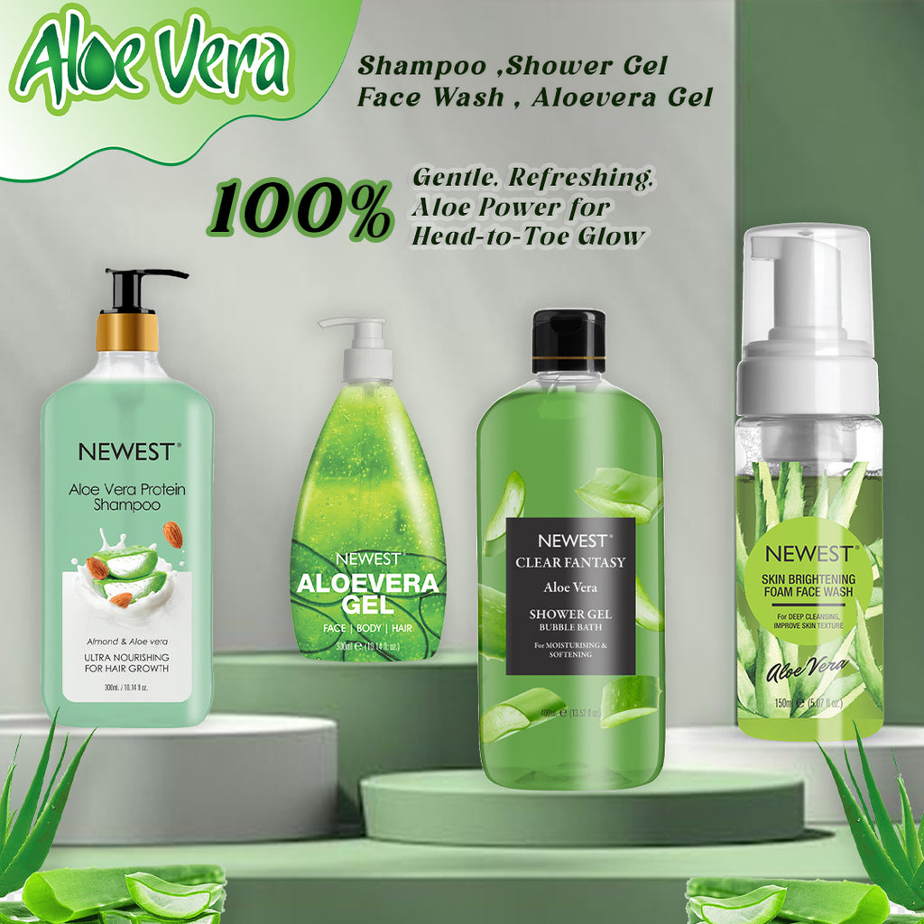 Aloe Vera skincare and hair care products on a green background with branding and product names.