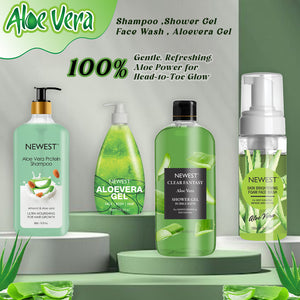 Aloe Vera skincare and hair care products on a green background with branding and product names.