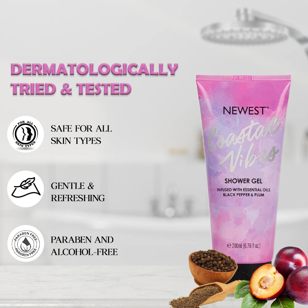 NEWEST COASTAL VIBES PLUM & BLACK PEPPER SHOWER GEL 200ML